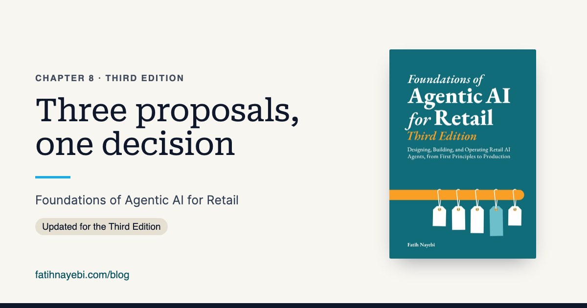 Chapter 8 of Foundations of Agentic AI for Retail, Third Edition: Three proposals, one decision
