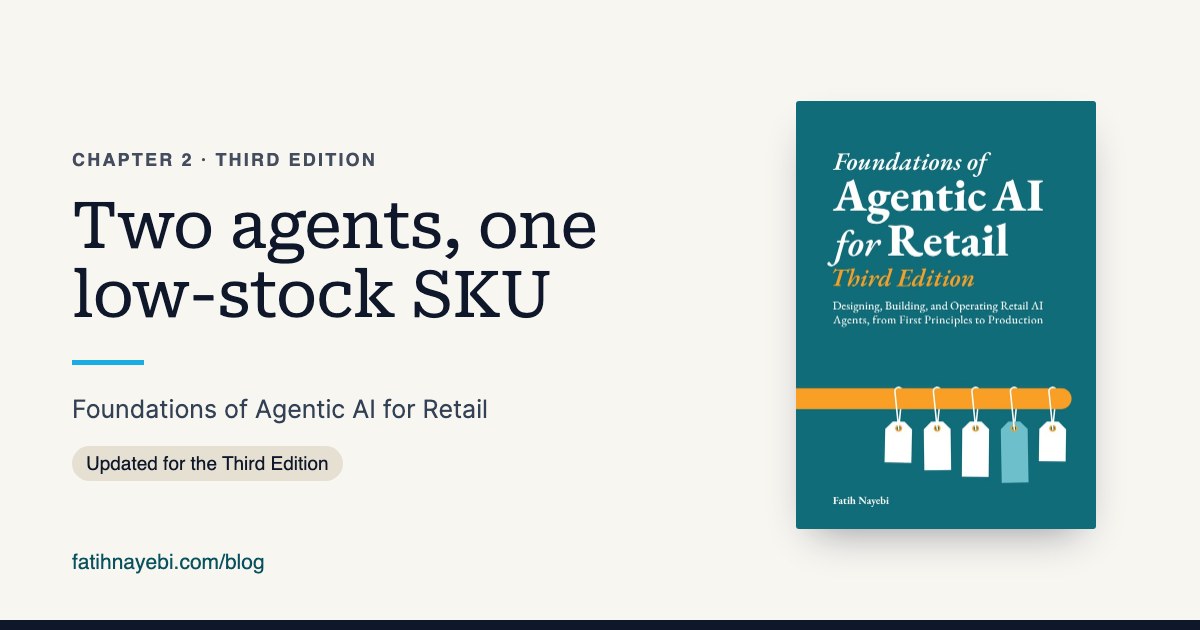 Chapter 2 of Foundations of Agentic AI for Retail, Third Edition: Two agents, one low-stock SKU