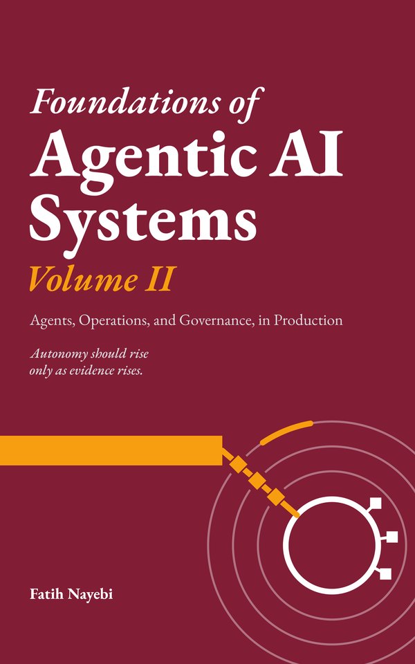 Cover of Foundations of Agentic AI Systems, Volume II: Agents, Operations, and Governance, in Production, by Fatih Nayebi, on a wine-red ground